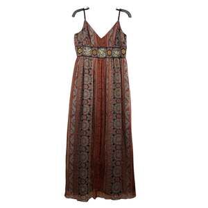 90s Y2K Spenser Jeremy Orange Metallic Silk Maxi Dress Size 8 Sequin Rhinestones
